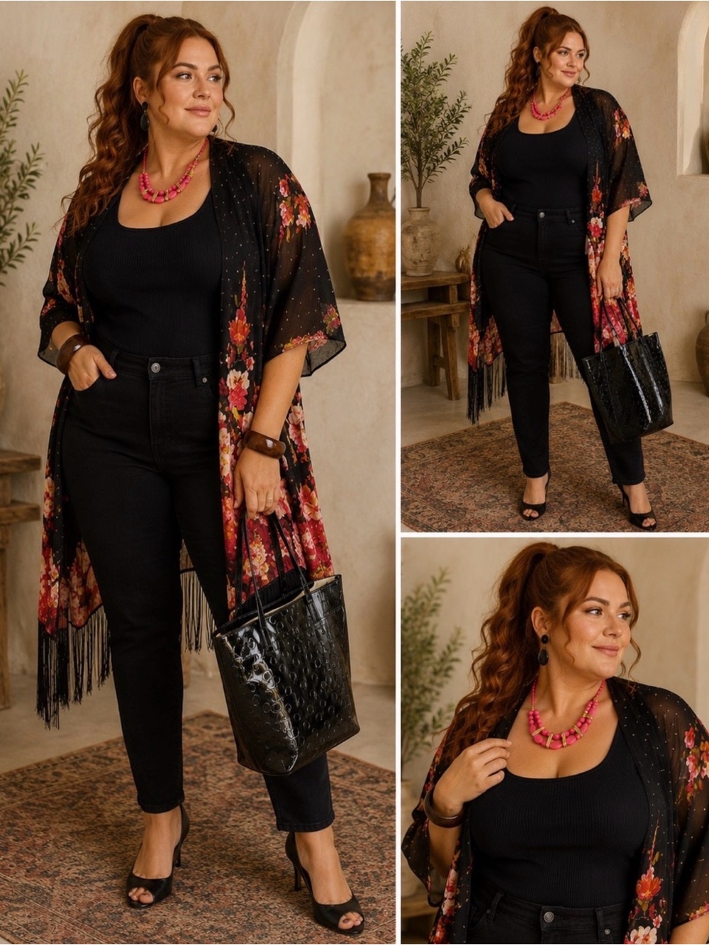 Jessica McClintock Floral Chiffon Fringe Kimono Wrap Rhinestone Detail  One Size